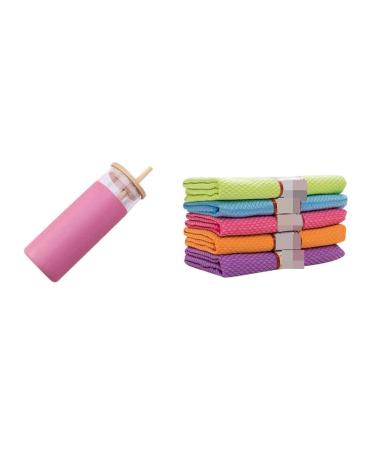 500Ml Tumbler Glass Water Bottle Straw Sleeve Cute Water Cup with 5PCS Quick Dry Lint Free Cleaning Cloth Navy Blue