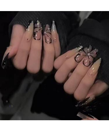 Justotry 24 Pcs Butterfly False Nails Long with Jewels | Black French Press On Nails | Ballerina Stick On Nails | Acrylic Coffin Fake Nails Medium | Nail Art Glue | Black & Butterfly Design - Buy Online on GoSupps.com