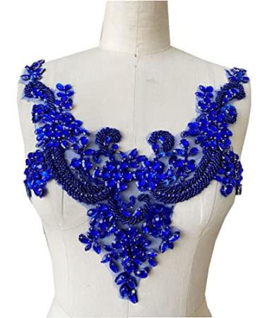 Handmade Rhinestones lace Applique handsewing Beads Trim Patches Neckline for Dress Clothes Accessory (Blue)