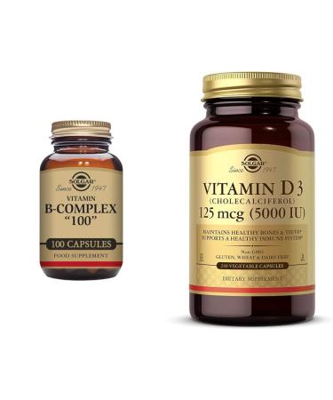 SOLGAR B-Complex 100" 100 Vegetable Capsules - Heart Health - Nervous System & Vitamin D3 (Cholecalciferol) 125 mcg (5000 IU) 240 Vegetable Capsules - Helps Maintain
