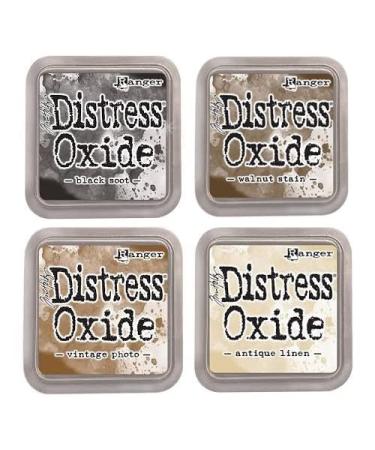 Tim Holtz Ranger Distress Oxide Ink Bundle - Four 3" x 3" Pads (E : Black Soot, Walnut Stain, Vintage Photo, and Antique Linen) - Buy Online on GoSupps.com