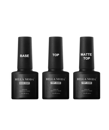 BELLA MODA Gel Nail Polish 10ml Base Coat No Wipe Top Coat and Matte Top Coat Set Soak Off UV LED Gel Varnish Nail Art Manicure for Salon and Home DIY
