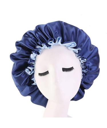 Cospack satin hood sleeping hood extra large double-layer turnable adjustable satin cap for sleeping for hair silk hood (nany + l blue)