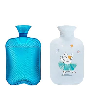 MYAMIA 2L PVC Hot Water Bottles Water Injection Bag Winter Hand Foot Warmer Pain Relief Hot Water Bag-Blue + Cover