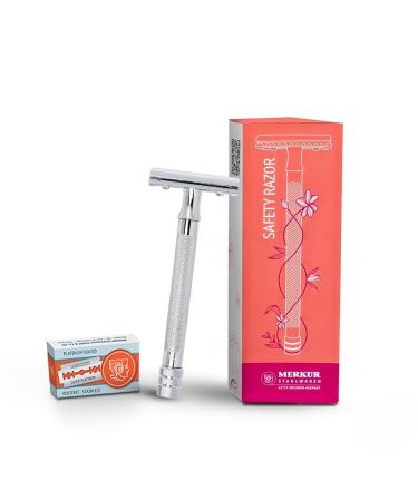 MERKUR 24C Safety Razor For Women with 10 Double Edge Blades | Extra Long Handle | Three-piece Razor | Straight Cut | Bright Chrome Finish | Made in Germany
