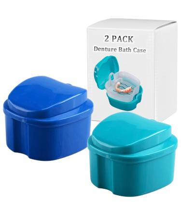 Denture Bath Box Cup, Complete Clean Care for Dentures, Clear Braces, Mouth Guard, Night Guard & Retainers,Traveling (Navy Blue & Blue)