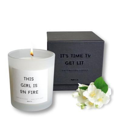 Nikita White Jasmine Scented Candle - Empowering Women Gifts - Frosted Glass Aromatherapy and Recovery Candle - House Warming Gifts for Women - New Job Candle - Essential Oil Positive Vibes Candle