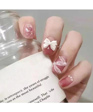 French Tip Press on Nails - Short Round Press On Nails with Nail Tips Bow Pink Ribbon Gradient Glitter Design Glossy pink press on nails Acrylic False Nails Cute Artificial Nails