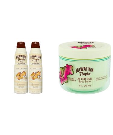 Hawaiian Tropic Weightless Hydration Clear Spray Sunscreen SPF 30 Twin Pack 6oz Each + After Sun Body Butter with Coconut Oil Moisturizer 8oz