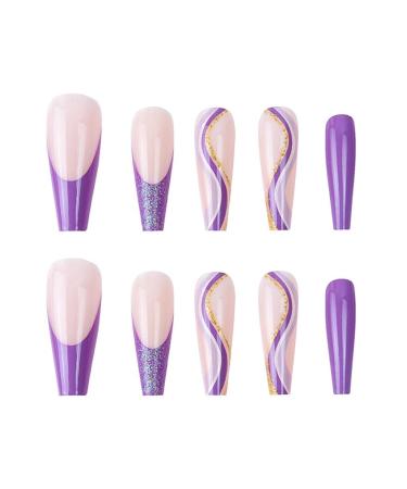 RikView Long Coffin Acrylic French Press on Nails - Bling Purple Nude Fake Nails - Buy Online on GoSupps.com
