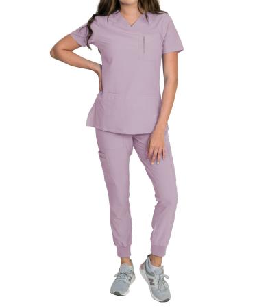 Medgear Fleur Women's Stretch Scrub Set with Zip Chest Pocket Top and Knit Rib Cuffs Jogger Pants Lavender Small