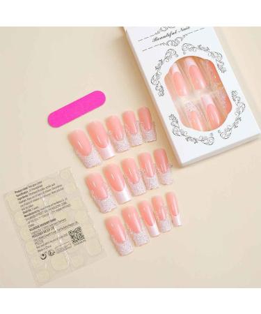 Foccna Square Press on Nails - 24pcs Long French Pink Acrylic False Nails for Women & Girls - Crystal Artificial Nail Art - Buy Online on GoSupps.com