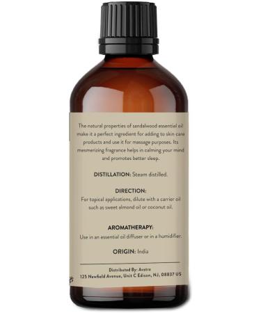 Avatra Sandalwood Essential Oil 100ML (3.38 OZ) with Glass Dropper and Travel Bottle Pure and Natural Therapeutic Grade Sandalwood Oil for Diffuser Aromatherapy Massage and DIY Candle Products - Buy Online on GoSupps.com