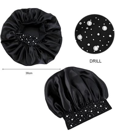 YeeMan Glittering Pearls & Rhinestones Satin Hair Bonnet - Black Wide Band Sleeping Cap - Buy Online on GoSupps.com