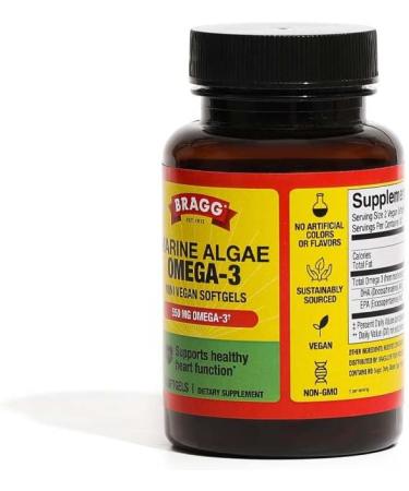 Bragg Vegan Omega 3 Supplement - Sustainably Sourced Algae for Brain Eye & Heart Health - Non-GMO EPA & DHA - 60 Softgels - Buy Online on GoSupps.com