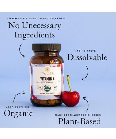 Truvani USDA Organic Vitamin C Supplement with Acerola Cherries - Immune System Support | High Absorption Antioxidant | 30 Servings - Buy Online on GoSupps.com