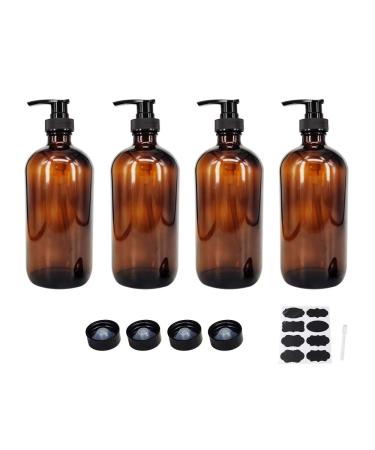 BPFY 4 Pack 16 oz Amber Glass Bottles with Pumps for Shampoo, Essential Oils, Cleaning Products, Lotions, Aromatherapy Oil, Pump Bottles, Refillable Containers with Cap, 8 Chalk Labels, 1 Pen 16oz Amber 4Pack