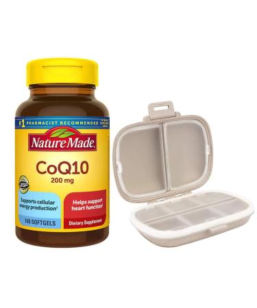 Nature Made CoQ10 200 mg 140 Softgels Bundle with a Travel Pill Organizer 8 Compartments Portable Pill Case Color Khaki