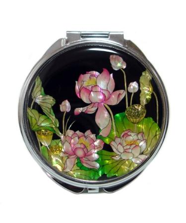 Mother of Pearl Pink Lotus Flower Design Double Magnifying Compact Cosmetic Makeup Hand Mirror