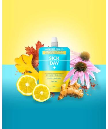 goodvibes juice co. Sick Day | Natural Wellness Shot | Echinacea Ginger Lemon Cayenne Maple | Immunity Anti-Inflammatory Decongestion & Antioxidants | Vegan Gluten Free | 50mL Pouch (Pack of 12) 50 ml (Pack of 12) - Buy Online on GoSupps.com