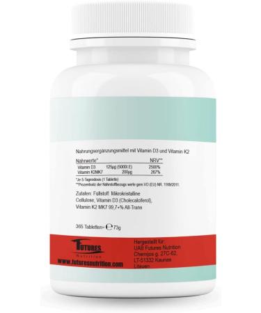 Future Nutrition 5000 I.E Vitamin D3 K2 - Vegan High Bioavailability 1 Tablet Every 5 Days 365 Tablets - Laboratory Tested Purity - Buy Online on GoSupps.com