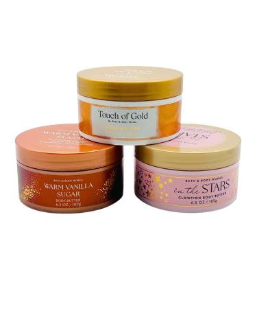 Bath & Body Works Golden Bundle 3-Pack Body Butter Gift Set In The Stars Glowtion Touch of Gold & Warm Vanilla Sugar 6.5 oz each with 30-Inch Metallic Gold & Silver Striped Bow for Holidays - Buy Online on GoSupps.com
