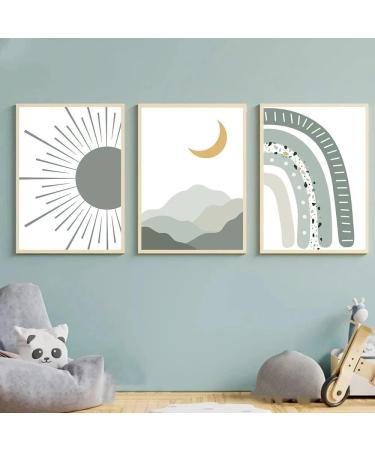 Herfair 3 Set Poster Nursery Green Rainbow Sun pictures murals pictures boho baby room decoration wall poster for children young girls without frame (40x50cm)