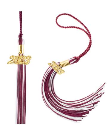 2023 Graduation Cap Tassel Charm 2 PCS Tassels for Graduation Cap 2023 Soft Silky Tassel Accessories for Graduate Hats Parties Ceremonies Souvenir Gold Charms 9"- Maroon White