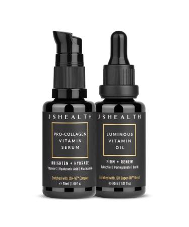 JSHealth Plump & Glow Skincare Bundle - Brightening Vitamin C Serum for Face & Hydrating Vitamin E Face Oil