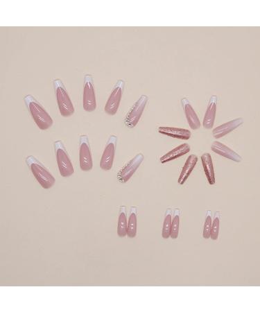 Justotry Glitter French Fake Nails - 24 Pcs White & Pink Diamond Patterns | Medium Ballerina Shape Acrylic Coffin False Nails with Glue - Buy Online on GoSupps.com