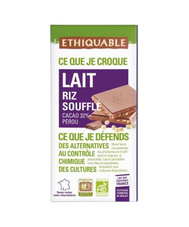 G n rique ETHIQUABLE - Milk chocolate with crispy puffed rice - Certified organic - 100g - A healthy treat to enjoy at home. - Pack of 4