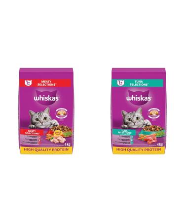 WHISKAS Meaty Selections Dry Cat Food with Real Chicken 4kg Bag & Dry Cat Food with Real Tuna 4 kg Bag