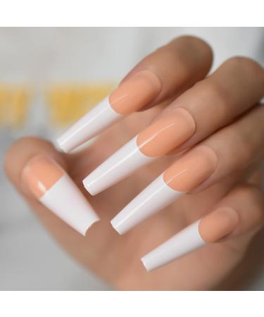 Extra long beige white xxl coffin artificial nails shiny salon stick French press on nails diy wearable false nail tips extension tools 24 PCs/kit