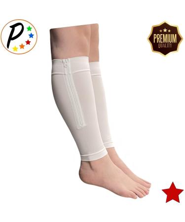 Premium White Footless Compression Shin Sleeves 20-30 mmHg - YKK Zipper Ideal for International Shipping - Buy Online on GoSupps.com