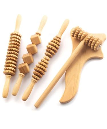 Mr.Woodware Massage device Set for Maderotherapy - 5 In 1 lymphatic drainage device Massage set made of wood for face neck legs body foot wellness - 5 pieces back massage device for ski cars