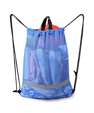 BeeGreen Mesh Drawstring Bag Beach Backpack Lightweight Heavy Duty Sackpack for Sport Blue