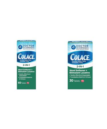 Colace 2-in-1 Stool Softener Plus Stimulant Laxative for Gentle Effective Constipation Relief Docusate Sodium Plus Sennosides 60 Count and 30 Count 60 Count (Pack of 1) Tablets + Tablets 30 Count
