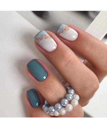 24 PCS Dark Green Press on Nails Short Fake Nails Marbling False Nails with Glue Designs Gold Glitter Glue on Nails Artificial Acrylic Nails Square Stick on Nails for Women Girls Style 5