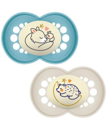 MAM Original Pure Night Soother 6+ Months (Set of 2) Sustainable and Bio-Renewable Baby Soother SkinSoft Silicone Teat Glow in the Dark Soother Blue/Cream (Designs May Vary)