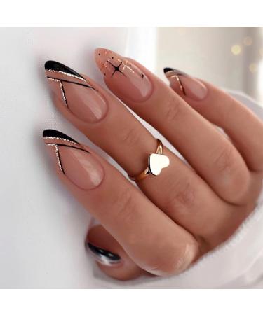 Almond Shaped Fake Nails Black Acrylic Press on Nails French Tip Nails with Gold Glitter Swirl and Stars Trendy Design False Nails for Women and Girls Nails Decoration 24Pcs Ald25