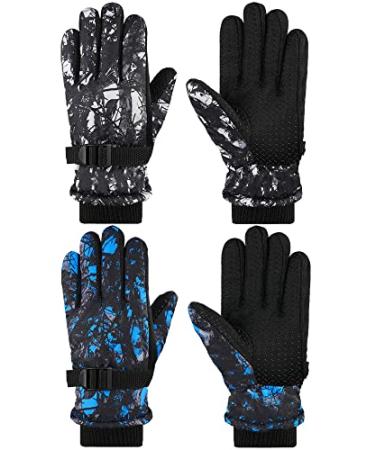 SATINIOR 2 Pairs Kids Winter Ski Gloves Windproof Snow Gloves Unisex Lining Warm Gloves for Outdoor Black, Blue