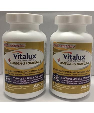 2 bottles x Vitalux Advanced Plus Omgea-3 OCULAR MULTIVITAMIN (No beta-carotene), 135 easy-to-swallow softgel capsules (2) 135 Count (Pack of 2)