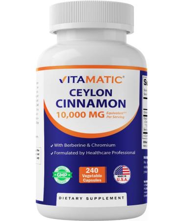 Vitamatic Ceylon Cinnamon 10000 mg Equivalent Per Serving (from 20:1 Extract 500 mg) with Berberine & Chromium - 240 Vegetable Capsules - Non-GMO & Gluten Free
