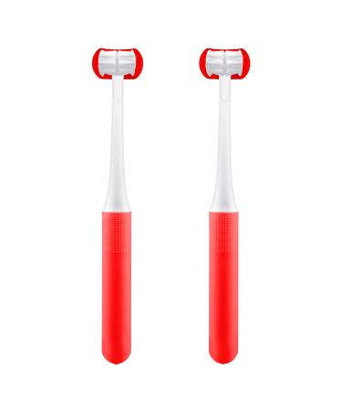 Cellena 3 Sided Toothbrushes for Kids  Children Manual 3-Sides Toothbrush Soft Gentle Clean Tooth (Ren-2pcs) Red-2pcs