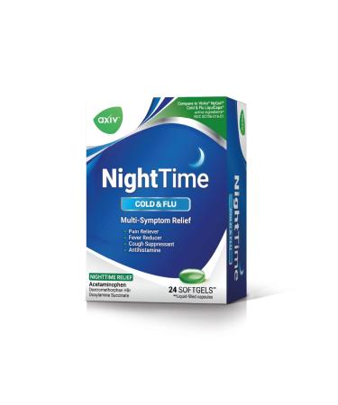 AXIV Nighttime Cold & Flu Relief Softgels Multi-Symptom Nighttime Relief for Headache Fever Sore Throat Minor Aches and Pains Sneezing Runny Nose and Cough 24 Count