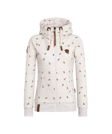 Bigfanshu Womens Hooded Sweatshirts Flocking Thicken Print Jackets Tracksuits Zipper Female Sportswear Beige