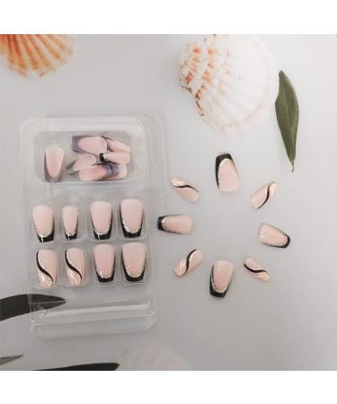 Black French Tip Press on Nails Coffin Medium with Silver Glitter Line Designs - 24Pcs - Buy Online on GoSupps.com