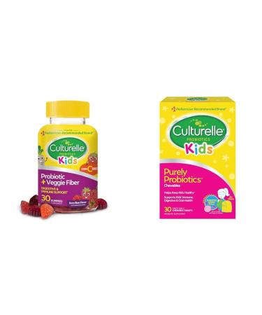 Culturelle Daily Probiotic for Kids + Veggie Fiber Gummies (Ages 3+) - 30 Count & Kids Chewable Daily Probiotic for Kids Ages 3+ 30 Count #1 Pediatrician-Recommend 30 Count (Pack of 1)