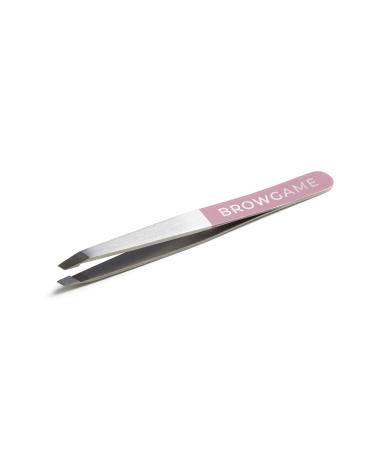 Browgame Original Slanted Tweezer - Precise  Extra Sharp Plucking Tool For Easy  Painless Hair Removal - Easy Grip For Meticulous Shaping - Stainless Steel Design For Sensitive Skin - Pink - 1 Pc