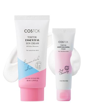 COSTOK TokTok Essential Sun Cream SPF 50+/PA++++ 80ml with Deep Cleansing Foam 50ml  UVA & UVB Protection Hypoallergenic Sunscreen | Moisturizing Facial Cleanser Wash for Sensitive Skin Essential Sun Cream + Foam Special...